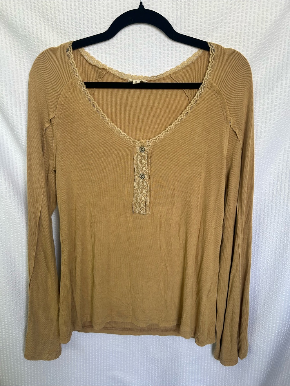 POL Cottagecore Boho Ribbed Lace-Trim Long Sleeve Henley Top Size S